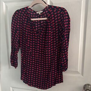 Blue and Red Blouse with 3/4 Sleeves and Mandarin Collar